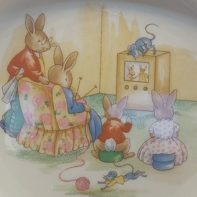 Bunnykins Television Time Royal Doulton Müsli/Brei Schüssel Haferflocken verpackt sehr guter Zustand