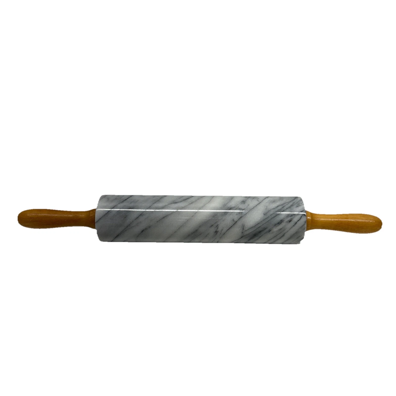 Vintage Marble Rolling Pin 18" Polished Grey With Wood Stained Handles