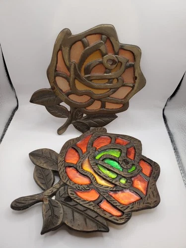 Vintage Trivet Cast Iron Rose Orange Red Stained Glass Tiffany Style Flower