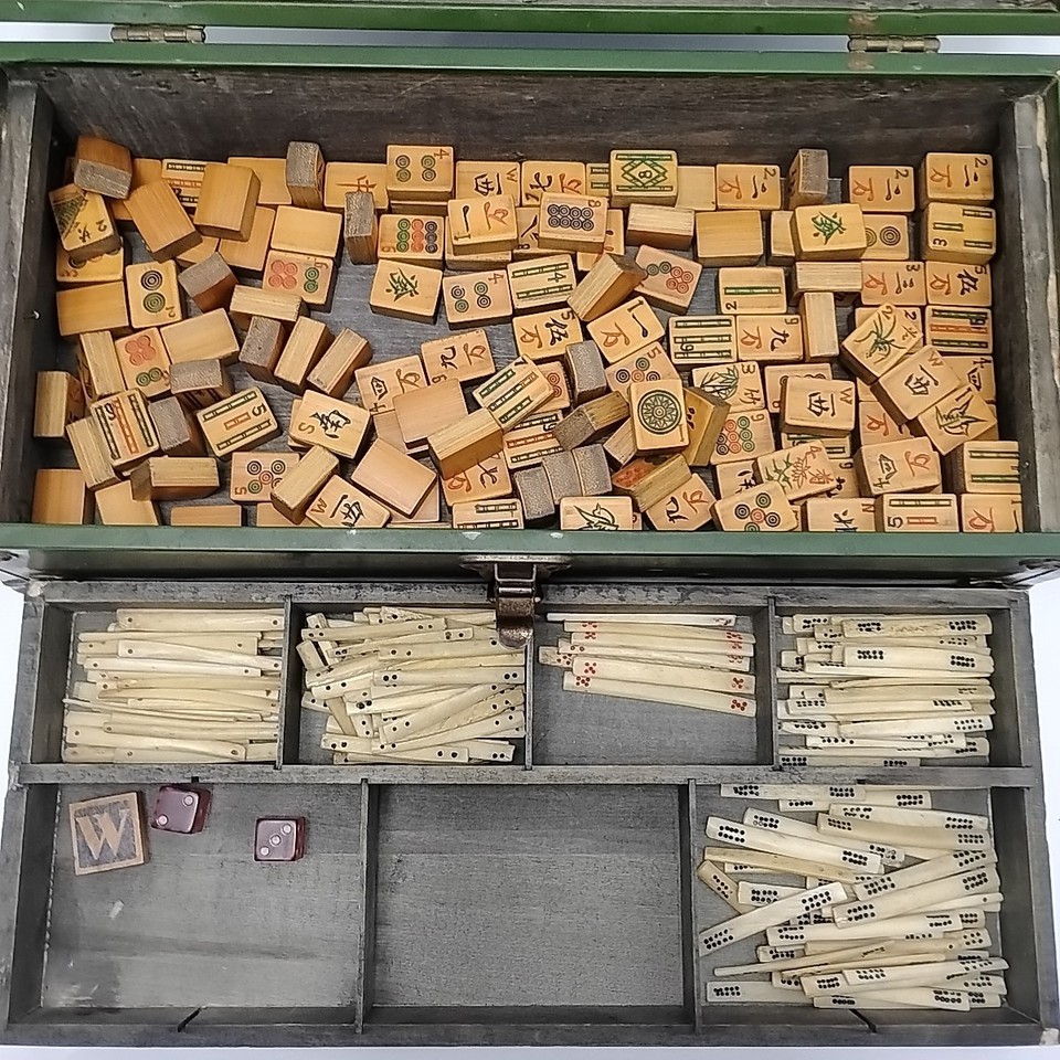 Ancien Jeu De Mahjong – 148 Tuiles En Os Et Bambou, Set Vintage Mah Jongg