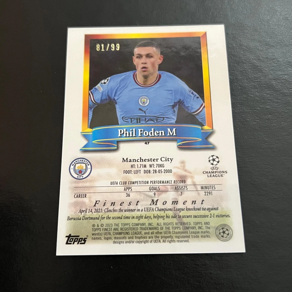 2022-23 Topps Finest Flashbacks UEFA UCC Blue #47 Phil Foden /99 Manchester City - Image 2 of 2
