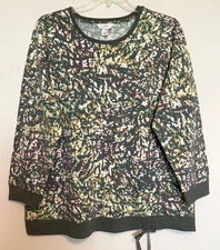 CJ Banks Size 1X Olive Confetti print knit top, cinch detail, long sleeve NWT