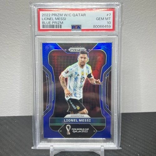 2022 Panini Prizm World Cup Qatar #7 LIONEL MESSI Blue Prizm /299 PSA 10