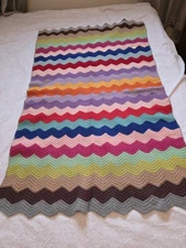 Vintage Handmade Afghan Lap Blanket Chevron Pattern Multicolor Wool 56x33 EUC