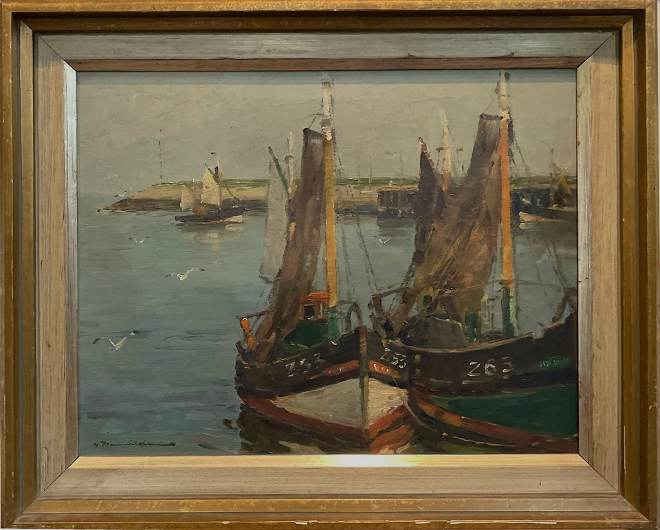1. / 2  Wilhelm Hambüchen 1869 Düsseldorf 1939 „Fischerboote im Hafen“ Ölgemälde - Bild 2 von 4