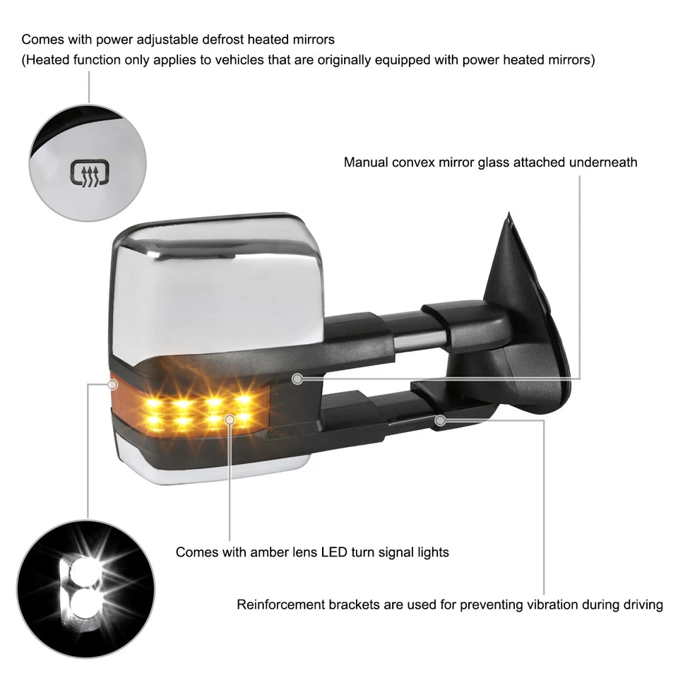 Tow Mirrors Fits 1999-2002 Silverado Sierra 1500 Chrome Power Heated+LED Signal Foto 4 de 4