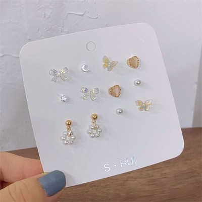 6Pairs/set Simple Pearl Moon Bow Butterfly Stud Earring Set Women Accessories
