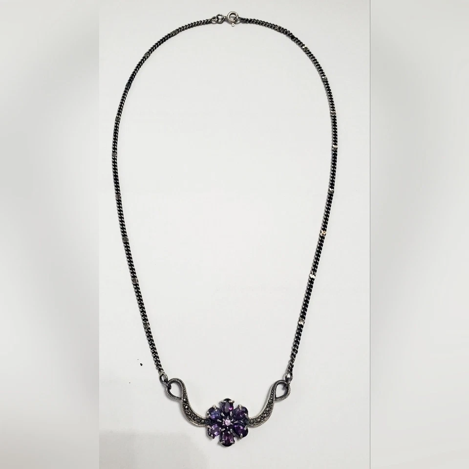 Antiguo collar floral púrpura amatista collar negro de plata de ley Foto 4 de 4