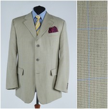 Mens Windowpane Blazer 46R US Size CARL GROSS Check Beige Wool Sport Coat Jacket