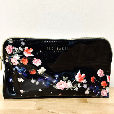 Ted Baker London Cosmetic Bag Black Floral Makeup Case Glossy Romantic Travel