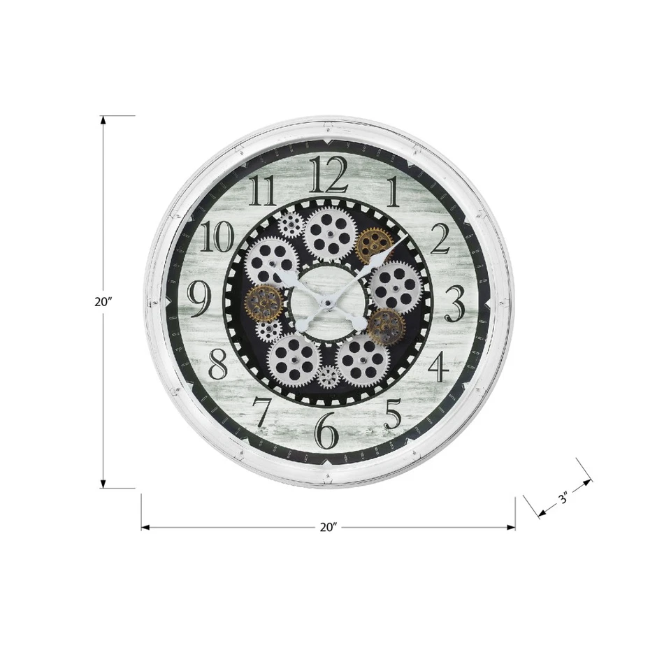 Antique White 20" Round Wall Clock Gear Mechanism Transitional Style Decor - Image 4 of 4