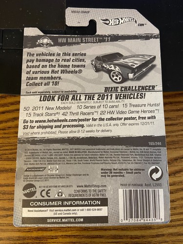 2011 HOT WHEELS DIXIE CHALLENGER, BLACK, #5/10 HW MAIN STREET '11, DODGE#165/244 - Picture 2 of 2