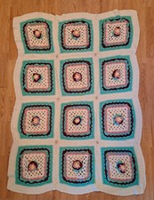 Vtg Afghan Granny Squares 3D Flowers Crocheted  Approx 41"X 60" Boho Grandmacore