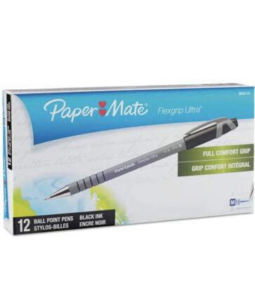 2 Boxes = 24 Blk Ink Pens,Paper Mate Flexgrip Ultra Stick Medium Point Ballpoint