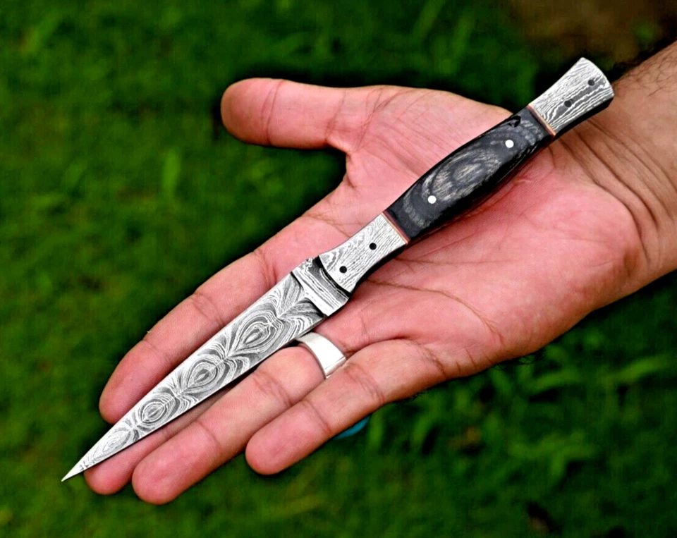 Cuchillo de bota de caza de acero Damasco forjado a mano hecho a medida con funda de cuero 2841 Foto 3 de 4