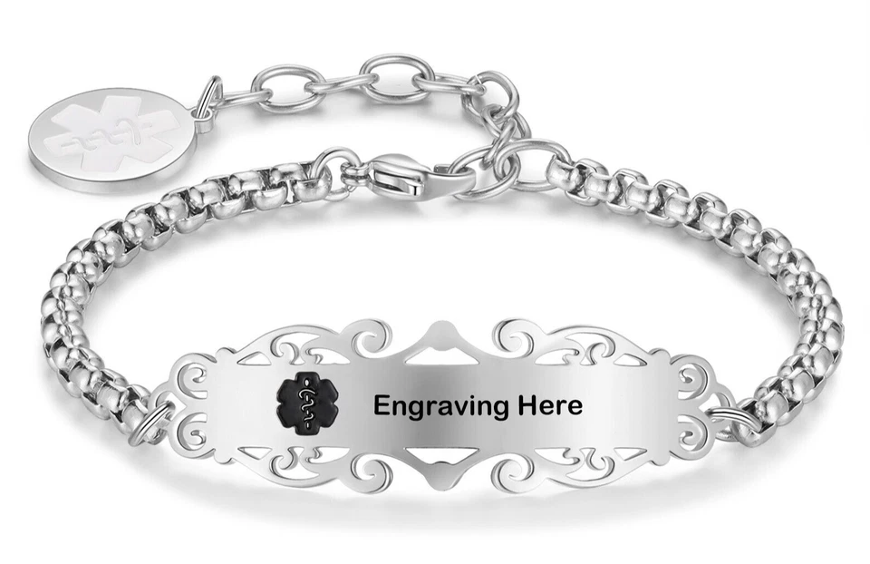 Pulsera de identificación de alerta médica grabada personalizada conciencia de salud acero inoxidable 316 l Foto 3 de 4