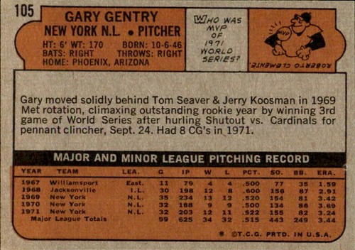 Gary Gentry New York Mets 1972 Topps Autographed Signed Baseball Card #105 NICE - Picture 2 of 2