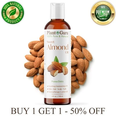PLANT GURU Sweet Almond Oil 4 oz 100% Pure Natural Carrier For Skin, Face, Hair and Massage