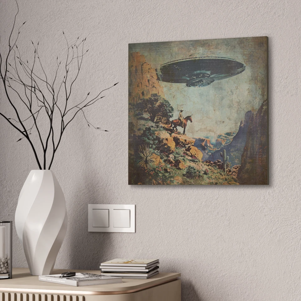 Arte de pared de lienzo estirado OVNI COWBOY, decoración de flores de cactus alienígena occidental de ciencia ficción Foto 3 de 4