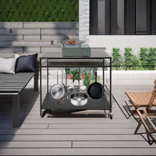 Outdoor BBQ Grill Cart with Double Shelves & Adjustable Hooks