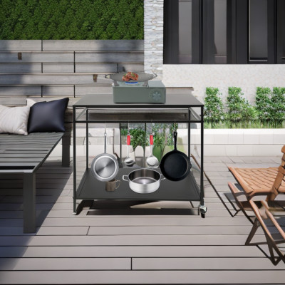 Outdoor Grill Cart Double-Shelf Table Movable Worktable Trolley Food Prep Carts