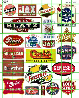 2007 DAVE'S DECALS ASSORTED BEER SIGN 2 WATERSLIDE DECALS GREEN GRID 1/2'' SIZE
