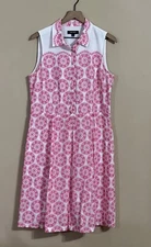 Nine West 100% Cotton White Pink Floral Pleated Fit & Flare Shirt Dress Sz 14