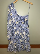ASTR the Label Women Sz  XL Blue Multi Floral One Shoulder Ruffle Hem Mini Dress