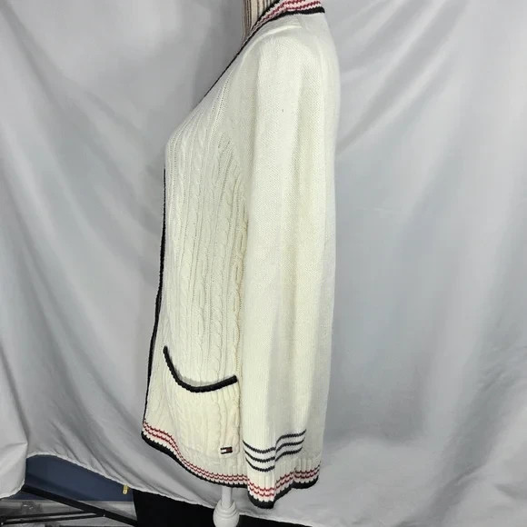 Tommy Hilfiger White w/Red White Blue Edges VNeck Cable Knit Cardigan Size Large thumbnail 5