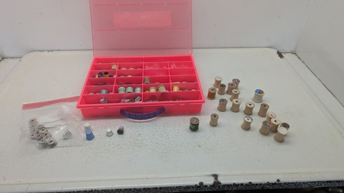 Vintage Sewing Thread Lot Wooden Plastic Steel Spools, thimbles much misc.
