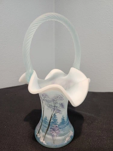 FENTON POWDER BLUE SATIN BASKET VASE w BEAUTIFUL FRUIT BLOSSOMS