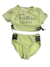 Justice Sport girls two-piece swimsuit/rash guard set XS 5/6 Lime Green