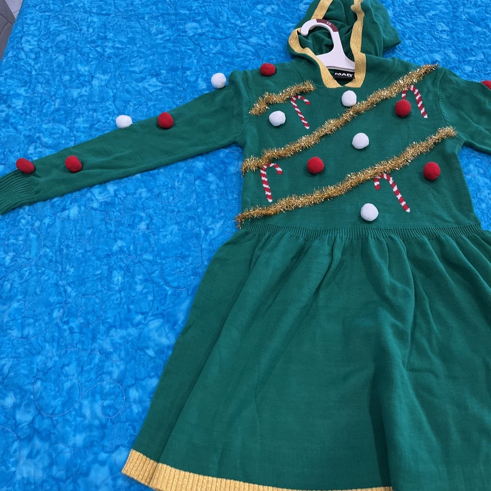 Vestido midi con capucha árbol de Navidad oropel Mad Engine para jóvenes niñas nuevo con etiquetas talla XS Foto 3 de 4