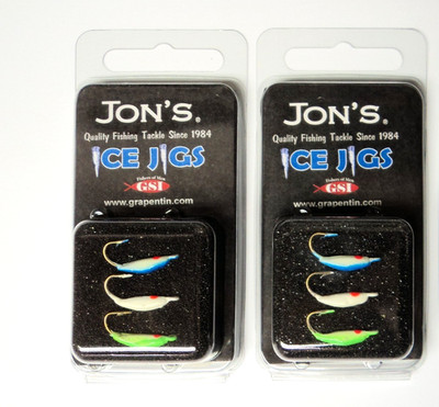 Jon's Ice Jigs Moon Glow Style, TWO Packs (3 per pack) Size 8 Hook #JIJ2-8-3P