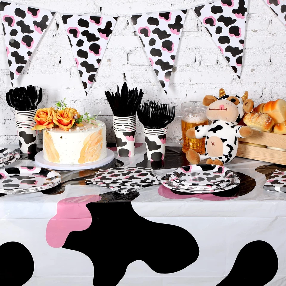 171 piezas suministros de fiesta con estampado de vaca rosa platos tazas servilletas cuchillo cuchara... Foto 4 de 4