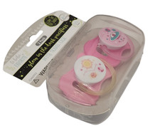 SET OF 2 PACIFIERS SUN PLANET UFO BINKY 0 MONTHS PINK BPA FREE GLOW IN THE DARK