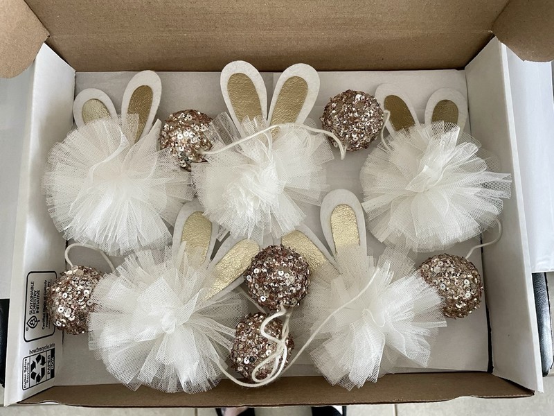 Easter Garland 6 Ft White Tulle Pom Pom Bunny Gold / Rose Gold Sequins Bella Lux