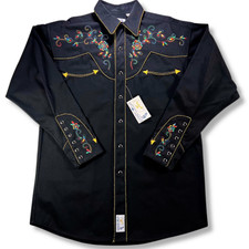 Panhandle Slim Retro Western Wear Black Embroidered Snap Shirt Men s Medium NEW
