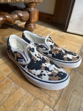 VANS Cow Print Classic Slip-On Sneakers Women, Size 6, White/Black/Brown Canvas