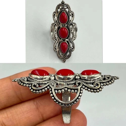 Unique talian Red Coral Gemstone 925 Sterling Silver Jewelry Ring