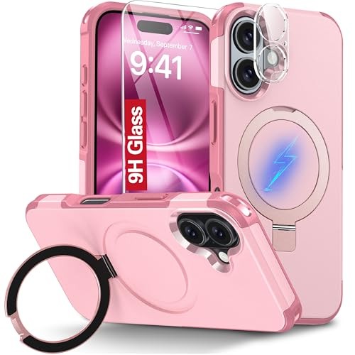 Magnetic iPhone 16 Case with Foldable Stand, Screen & Camera Protectors, Pink