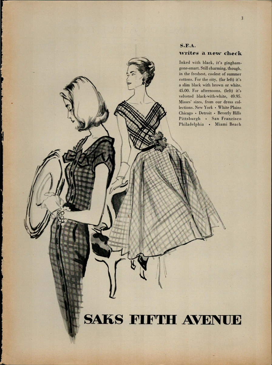 1956 Saks Fifth Avenue S.F.A Gingham Summer Dresses Vintage Print Ad 2417