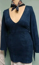 Short Blue Dress With Fringe In Sleeves Faux  Sued Look  Low Cut Medium Lined