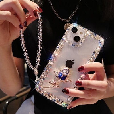 Rose Diamond Phone Case For iPhone 15 Pro Max 14 11 12 13 XS 7 8 6 Lanyard Cover