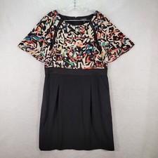Tahari Women Dress Plus Size 16 Black Stretch Boat Neck Geometric Colorful Shift