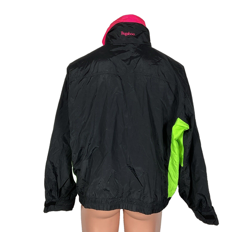 Vintage 80s Columbia Jacket Mens Large Black Radial Sleeve Neon Pink Green - Picture 2 of 10