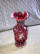 Fenton Cranberry Diamond Optic Opalescent Pinch Vase Hand Painted and Signed