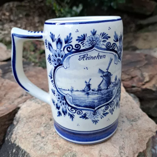 Vintage Heineken Beer Mug Delft Blue Hand Painted Cobalt Flora Keramiek Holland 