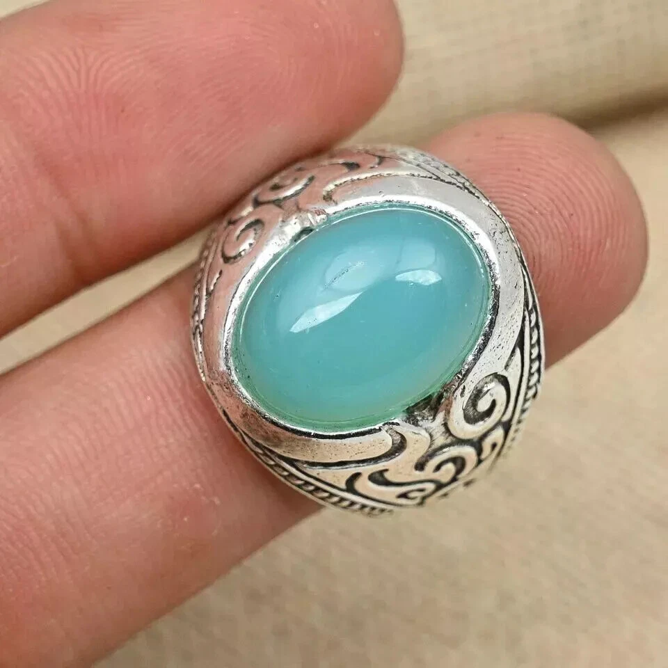 Precioso anillo clásico de plata de ley 925 con calcedonia Aqua para hombre todas las tallas D59 Foto 2 de 4