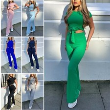 Women's Tie Up Knot Waist Ribbed 2 Piece Co-Ord Lounge Wear Suit Tracksuit Set